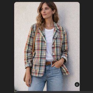 Talbots Plaid Linen Flax Blazer Jacket Flax Madras Preppy Blue Pink Green 16 W